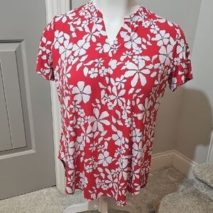 Cato Red & White Floral Split-Notch Short Sleeve Tee